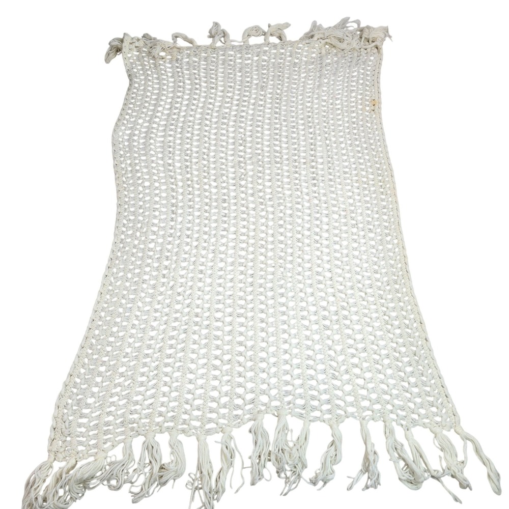Vintage Handmade Crochet Shawl Wrap Ivory Boho Tassel Fringe Open Knit 41x27